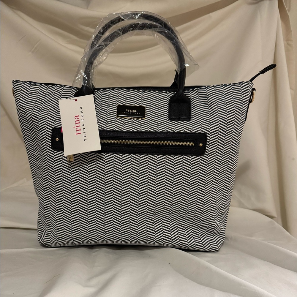 Tote bag. Trina Turk 18 x 5 x 12.5 Black and White Chevron print.